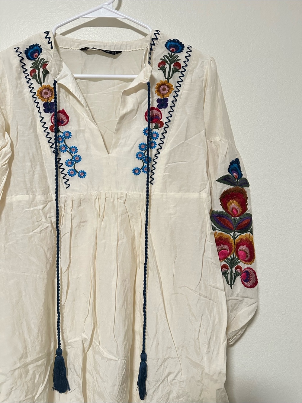 Zara Embroidered Ivory Boho Tunic Dress with Navy Tassel Tie - Picture 4 of 6